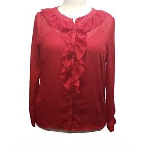Jaclyn Smith Red Gold Shimmer Blouse L – Ruffle Front, Sheer Layer, Vintage Glam